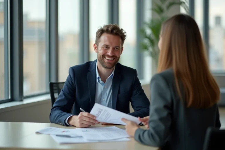 Agent immobilier souriant dans un bureau lumineux avec documents stecal
