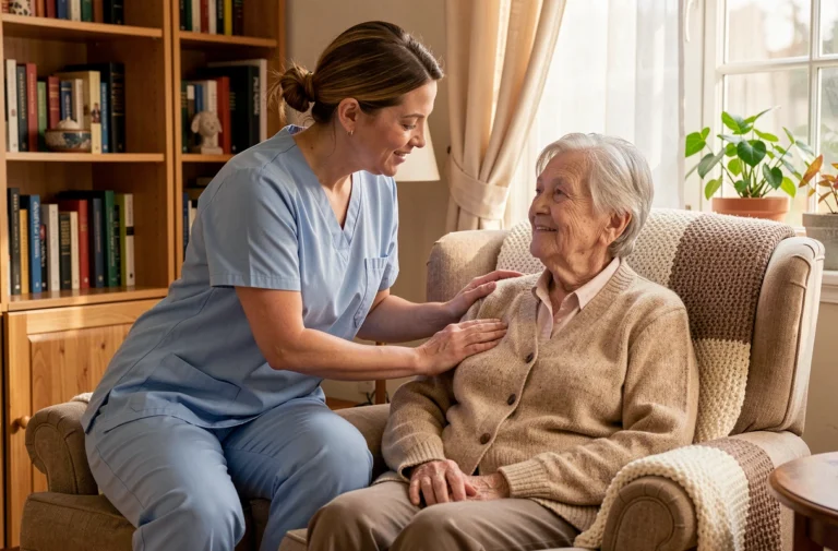 Aide à domicile accompagnant une personne âgée dans son salon, service d'assistance aux seniors au quotidien