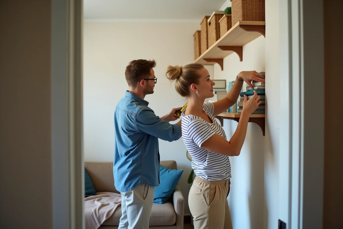 Couple aménageant et organisant les rangements d'un petit appartement T2 pour optimiser l'espace de vie
