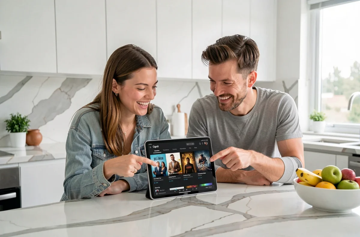 Deux amis choisissant un film ensemble sur une tablette affichant une interface de streaming dans une cuisine moderne
