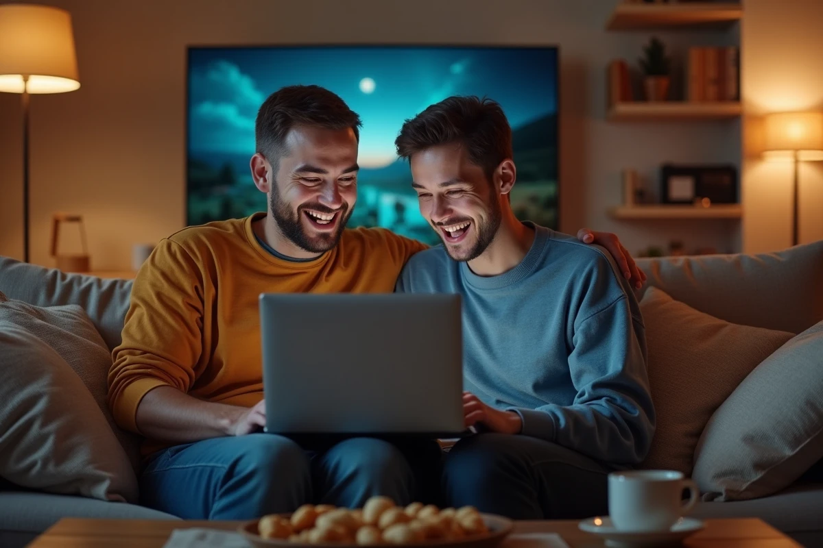 Deux amis adultes comparant des plateformes alternatives de jeux vidéo sur un ordinateur portable dans un salon décontracté