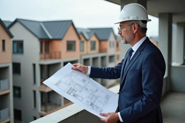 Architecte en costume bleu avec casque blanc devant un bâtiment en construction