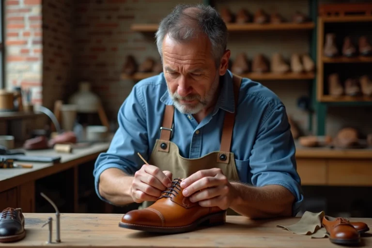 Artisan belge cousant un soulier en cuir au travail