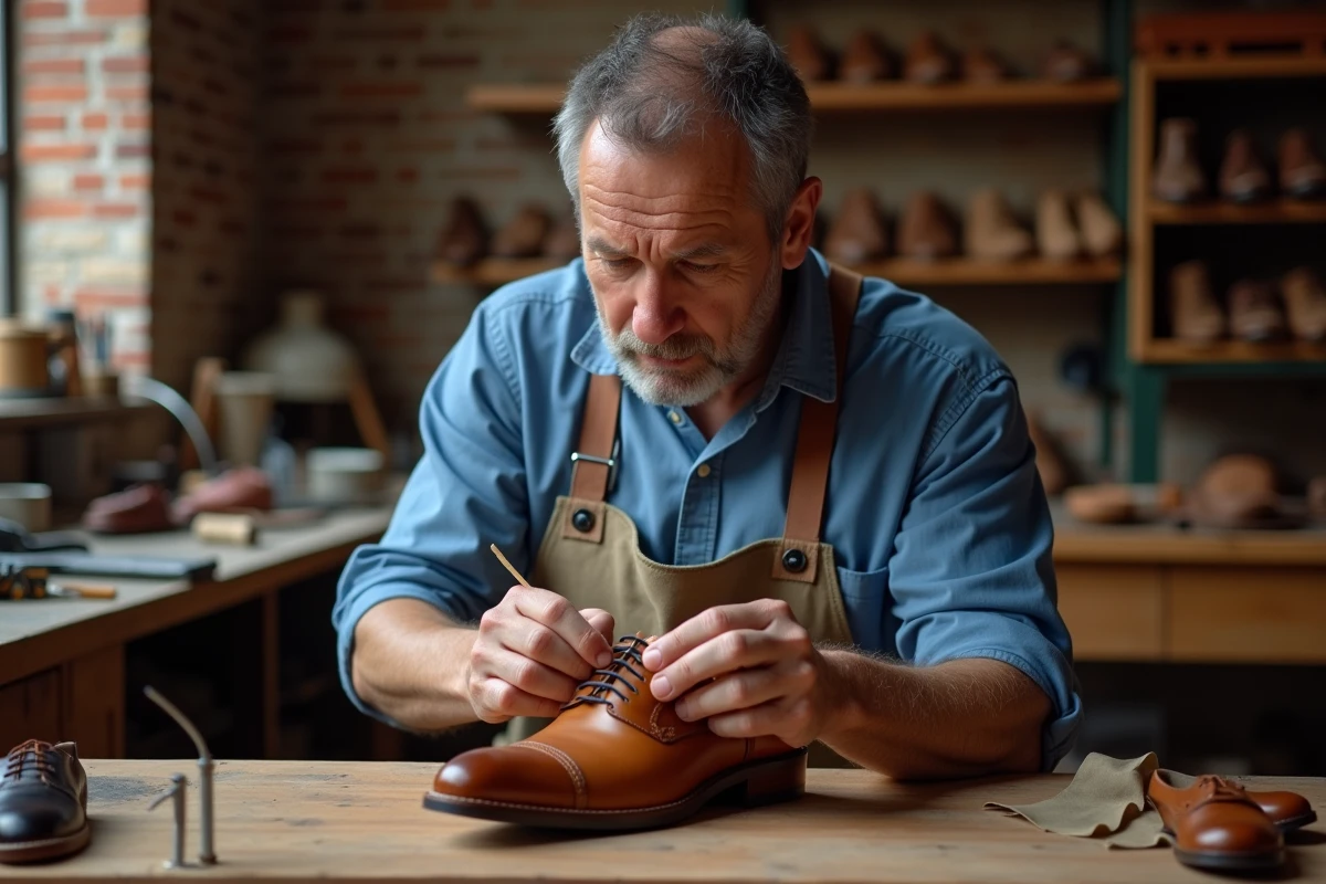 Artisan belge cousant un soulier en cuir au travail