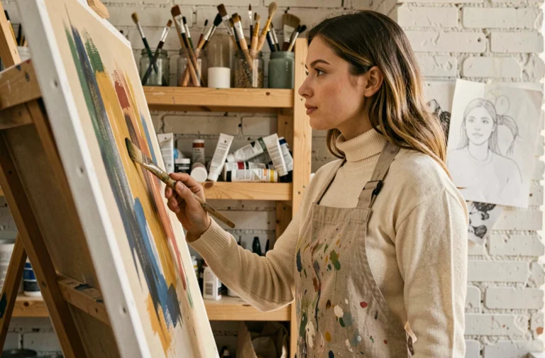Artiste émergente Astrée Lhermitte travaillant sur une grande toile dans son atelier d'artiste bohème