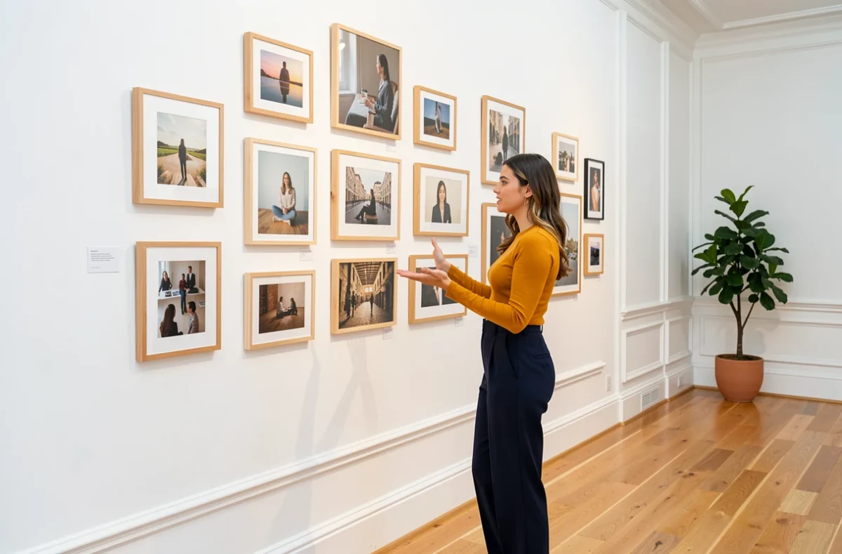 Artiste Astrée Lhermitte présentant ses œuvres encadrées sur un mur de galerie d'art contemporaine minimaliste