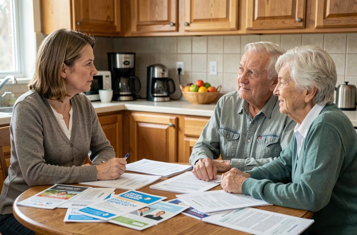 Assistante sociale conseillant un couple de personnes âgées sur les services d'accompagnement disponibles pour les seniors
