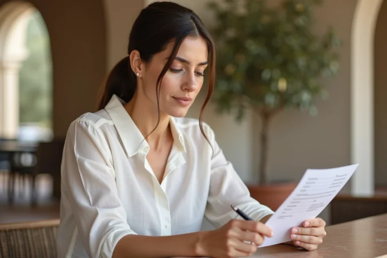 Réceptionniste d'hôtel à Perpignan consultant des avis clients sur papier avec une expression attentive