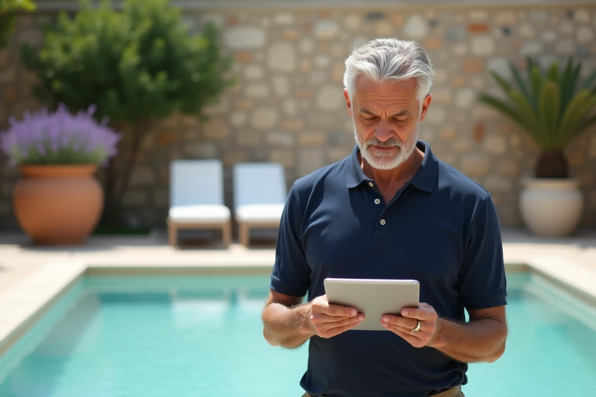 Homme d'affaires lisant des avis clients sur tablette près d'une piscine d'hôtel à Perpignan