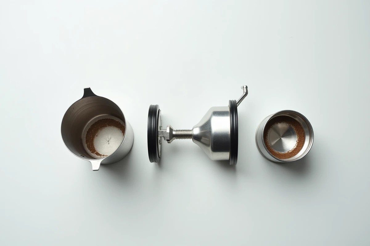 Cafetière moka démontée montrant le filtre, le joint usé et les pièces internes sur fond blanc