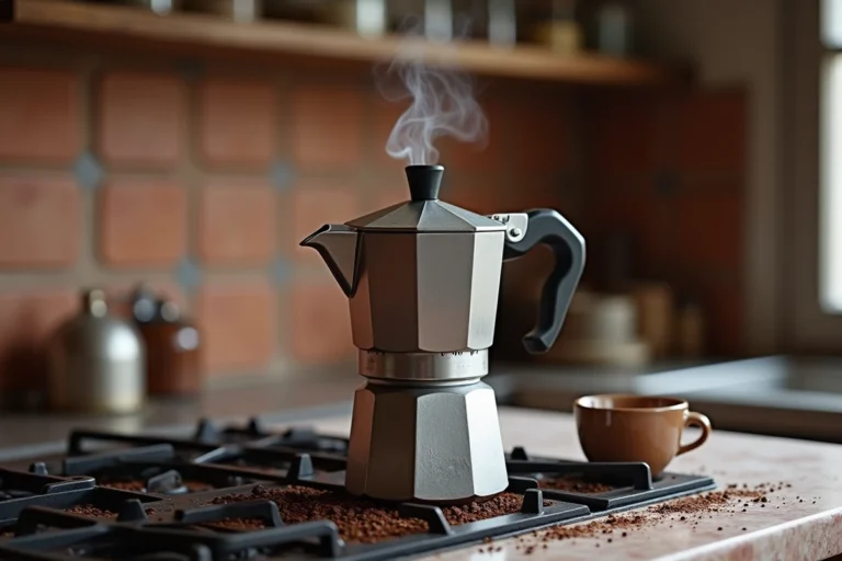 Cafetière moka italienne en aluminium sur feu de gaz avec vapeur et café expresso dans une cuisine rustique