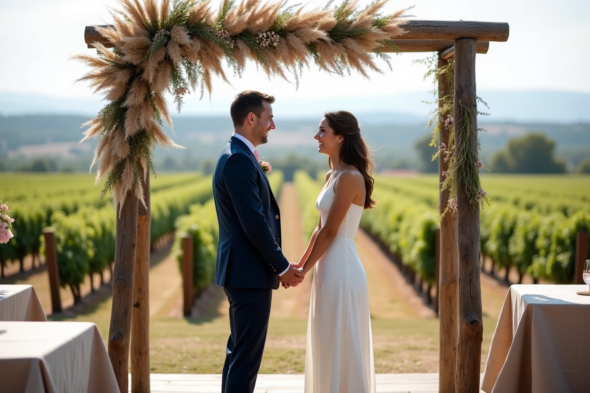 Couple échangeant ses vœux lors d'une cérémonie de mariage en plein air dans un vignoble avec arche en bois et herbes de la pampa