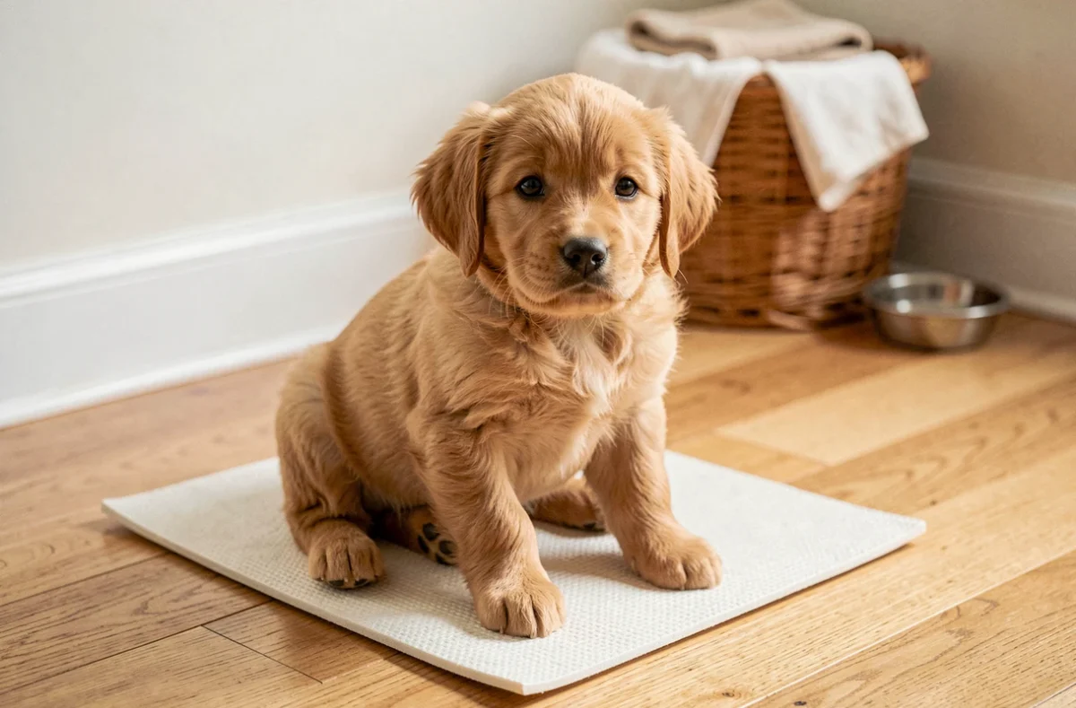 Chiot golden retriever de 2 mois assis sur un tapis d'apprentissage de la propreté sur un parquet en bois clair dans un appartement chaleureux