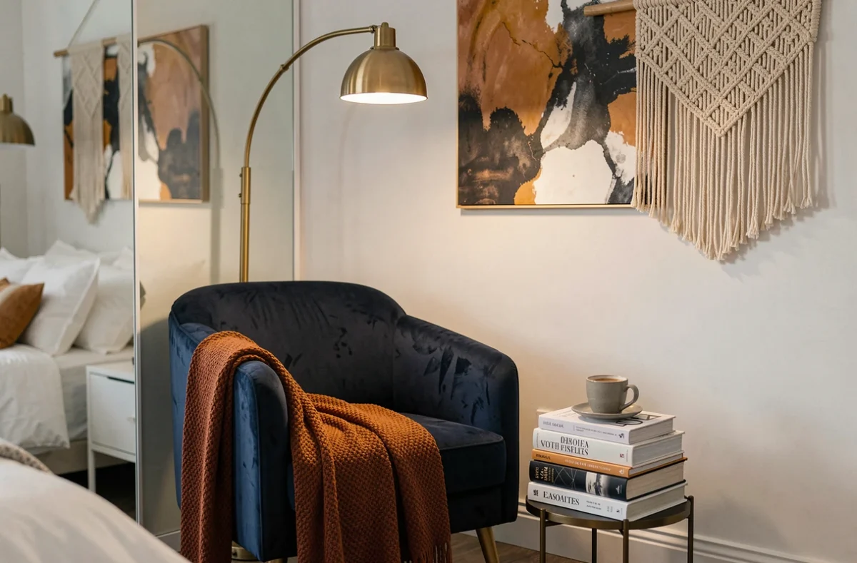 Coin lecture cosy dans une chambre avec fauteuil en velours bleu marine, jeté rouille et décoration murale artisanale