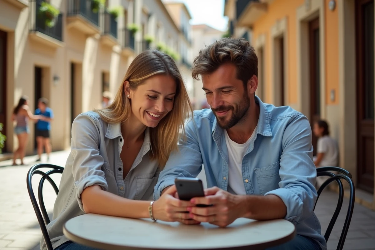 Couple consultant des avis en ligne sur un smartphone en terrasse de café à Perpignan