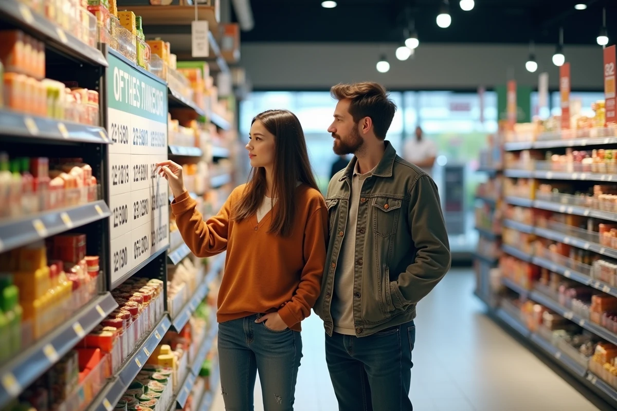 Couple discutant des dates clés du calendrier chèque différé Leclerc devant un panneau promotionnel