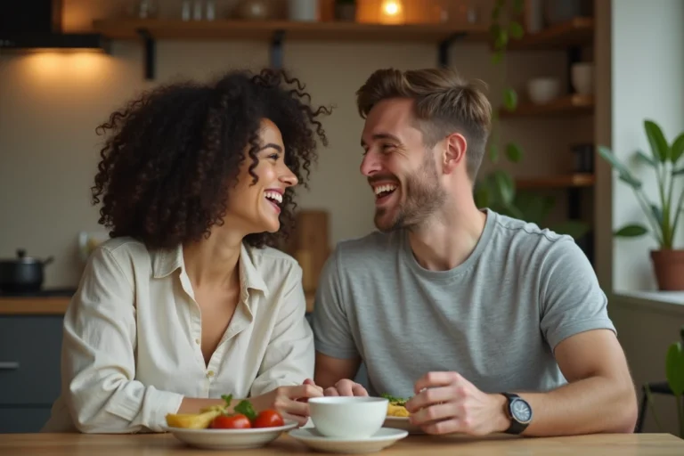Jeune couple partageant un repas dans un petit appartement T2 cosy aux tons neutres et à la décoration minimaliste