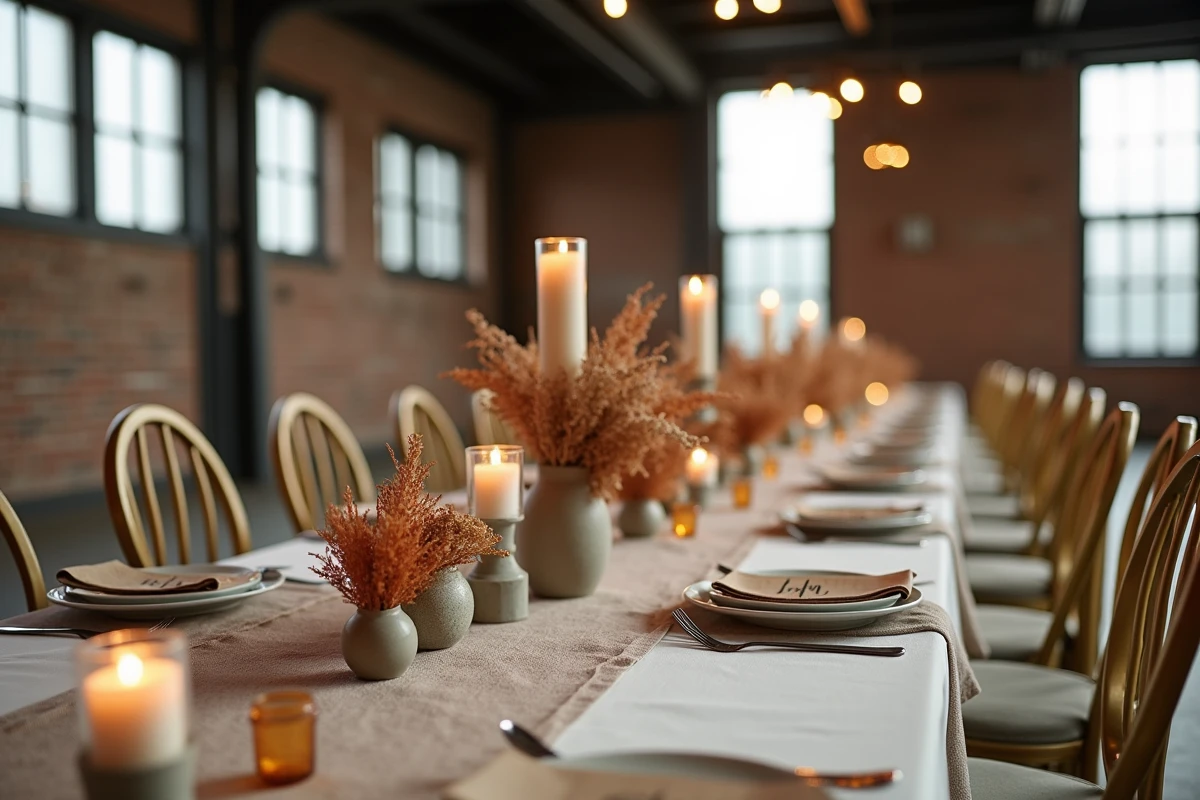 Décoration de table de mariage tendance dans un loft industriel avec coureurs en lin, fleurs séchées en terre cuite et bougies en béton