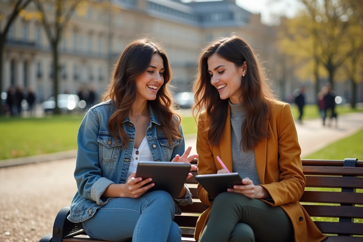 Deux femmes françaises discutant dans un parc urbain