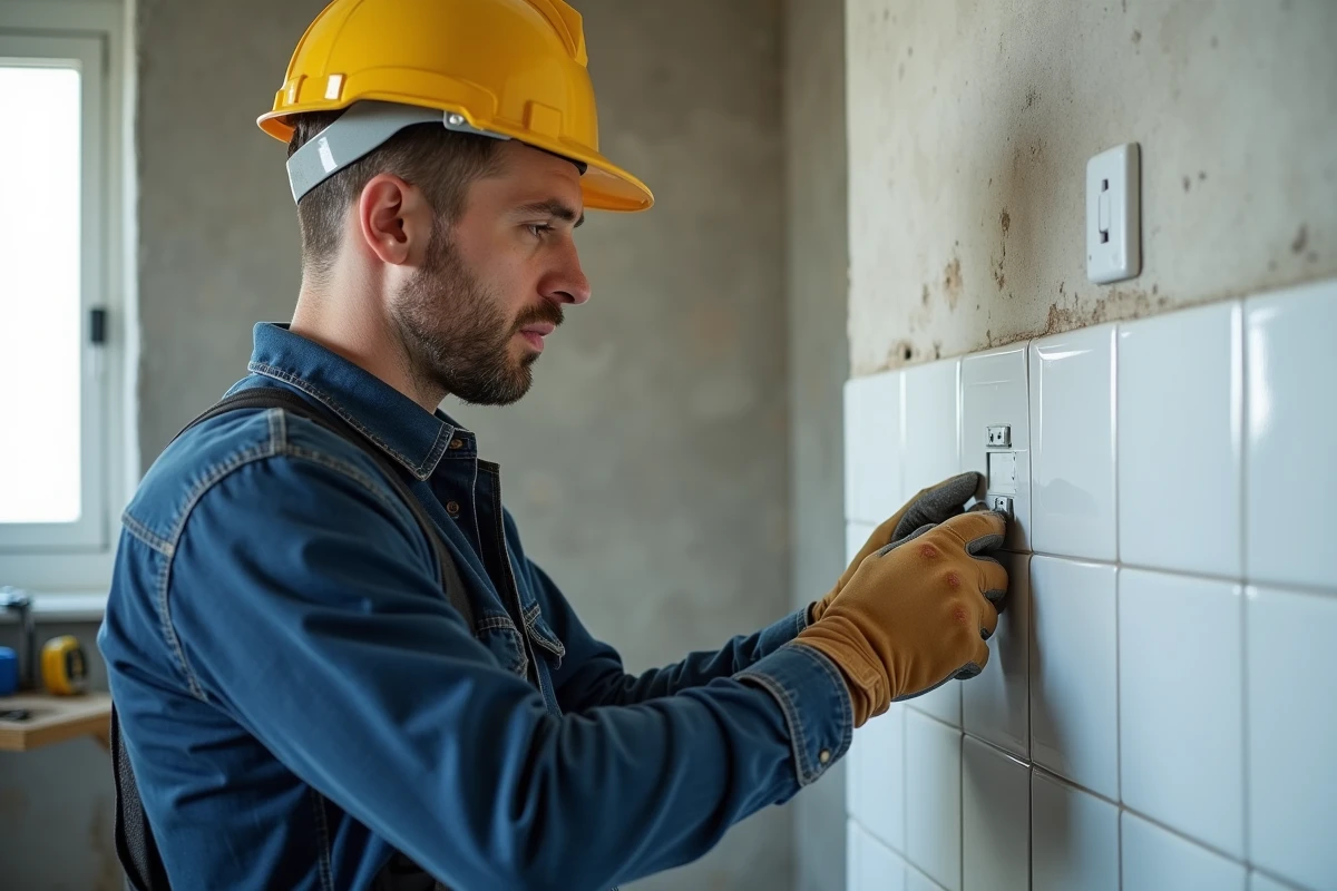 Électricien professionnel installant une prise conforme aux normes NF C 15-100 dans une salle de bain en rénovation