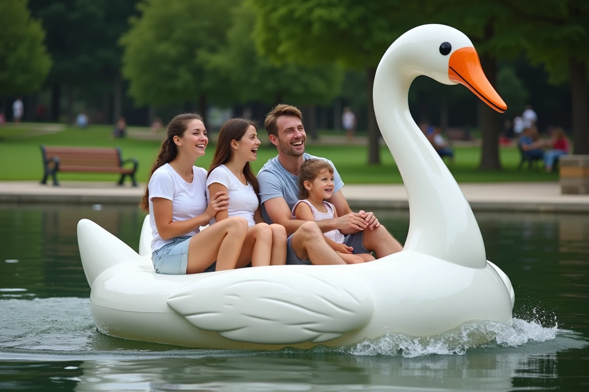 Famille en train de faire du pédalo en forme de cygne sur un étang public dans un parc de Montpellier