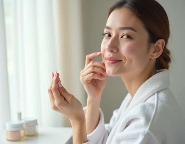 Femme appliquant un gel à l'acide hyaluronique Ialuset sur son visage devant un miroir, soin hydratant avant après
