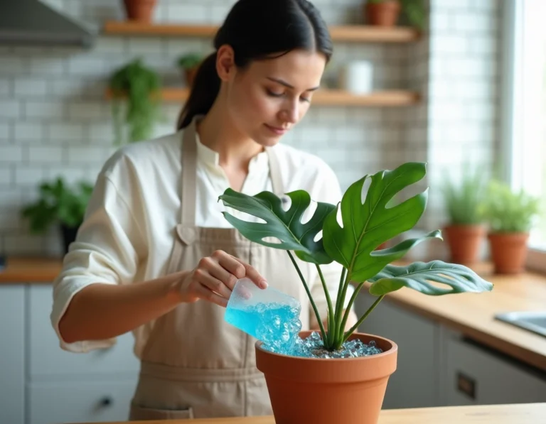 Femme versant des billes d'eau transparentes bleues dans un pot de monstera sur un plan de travail en bois dans une cuisine moderne