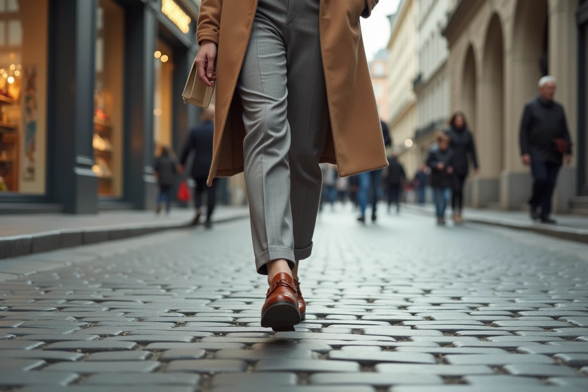 Jeune femme marchant dans une rue de Bruxelles avec chaussures