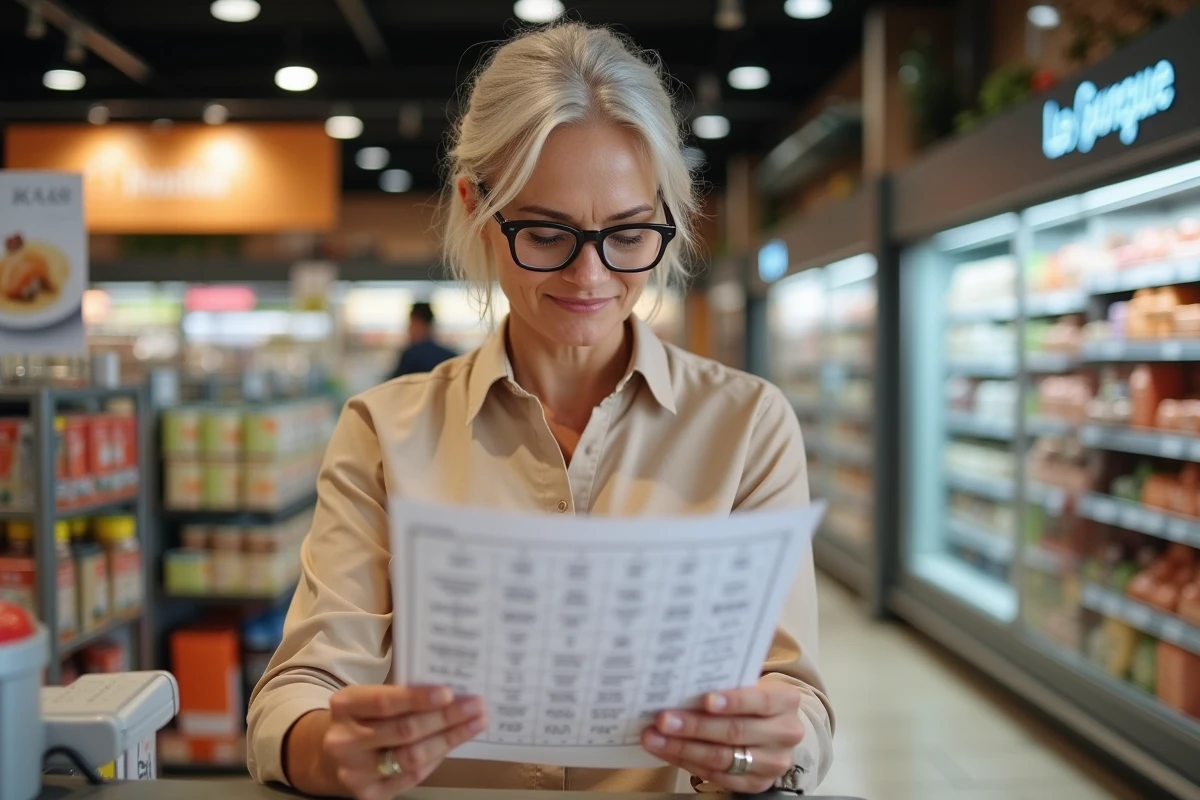 Femme consultant le calendrier des chèques différés Leclerc au service client d'un hypermarché