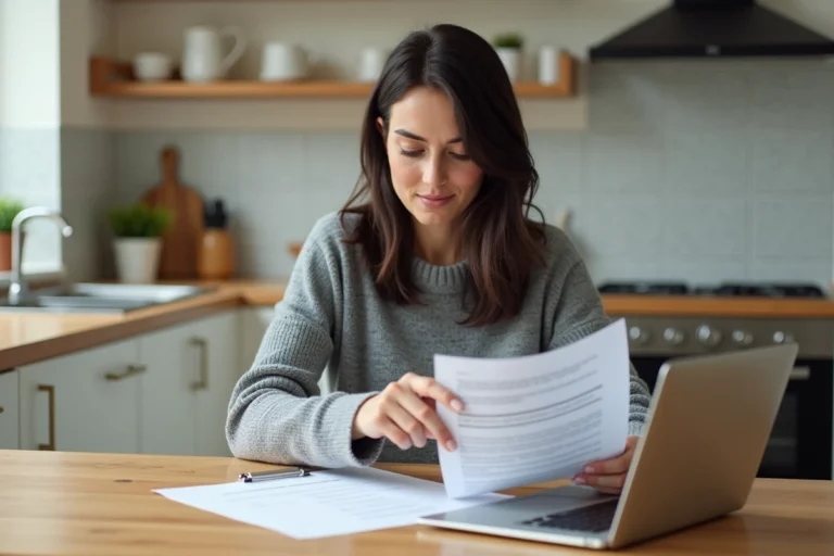 Femme consultant des documents d'assurance auto à la maison pour comparer les garanties et choisir la meilleure offre