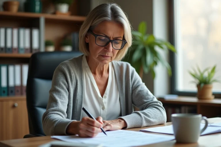 Femme remplissant sa déclaration d'impôts à son bureau à domicile, stylo pointant la case 2BH sur un formulaire fiscal imprimé