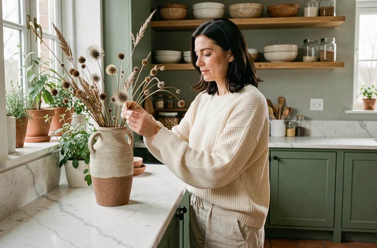 Femme arrangeant des fleurs séchées dans une cuisine au style naturel avec étagères ouvertes et carrelage en terre cuite