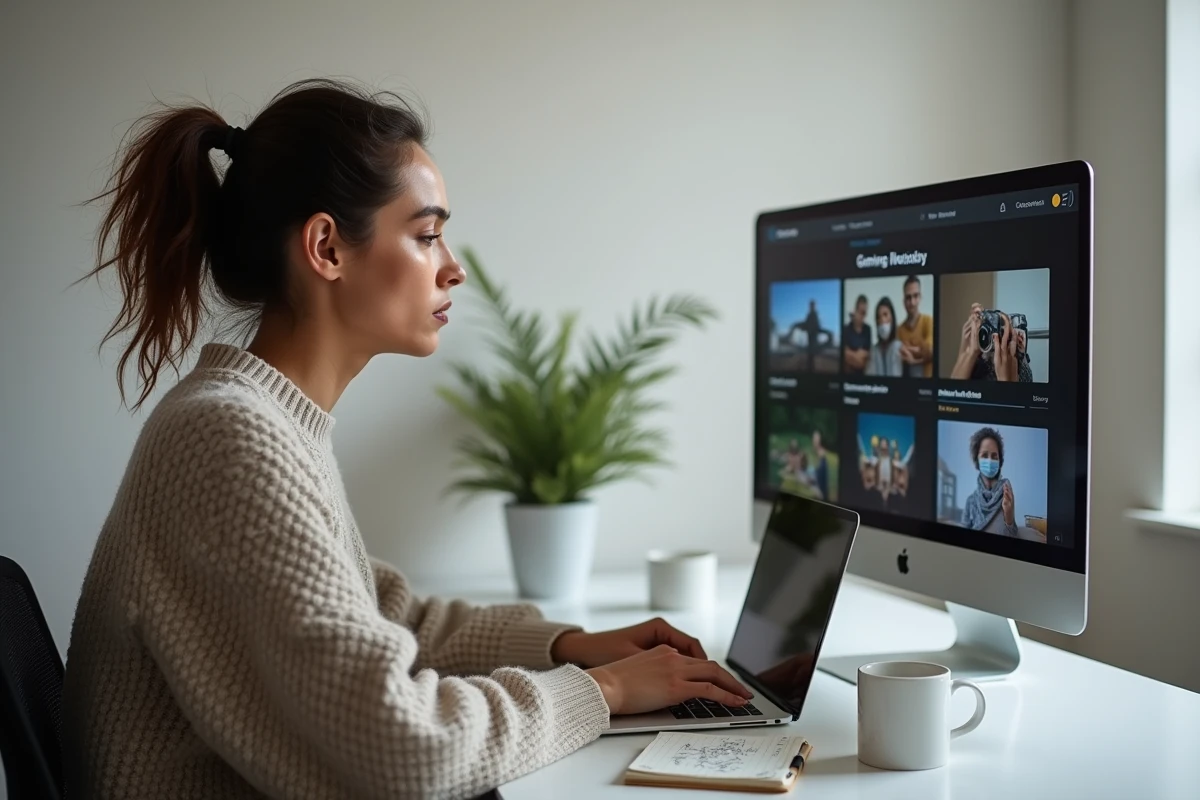 Femme adulte évaluant des sites alternatifs de gaming sur un double écran dans un espace de travail minimaliste à domicile