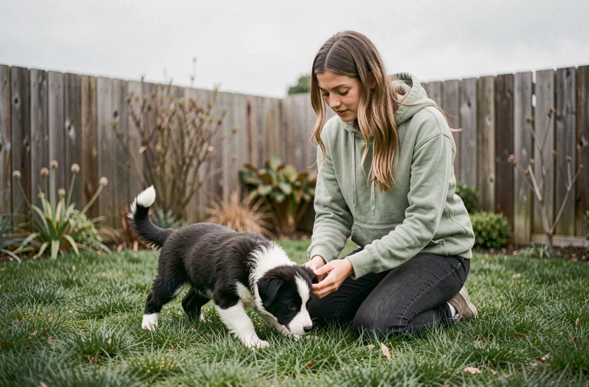 Jeune femme guidant son chiot border collie de 2 mois à faire ses besoins dehors dans un jardin résidentiel