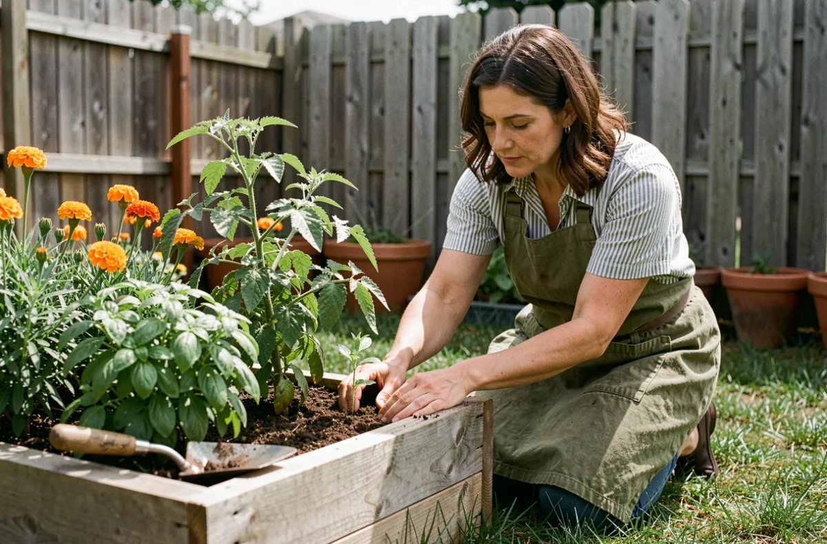 Femme jardinant dans un potager surélevé en bois, repiquant des plants de tomates avec soin dans un jardin verdoyant