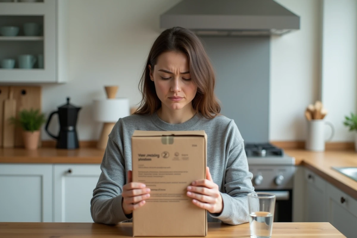 Femme adulte lisant les avertissements sur l'emballage d'une cafetière moka dans une cuisine moderne
