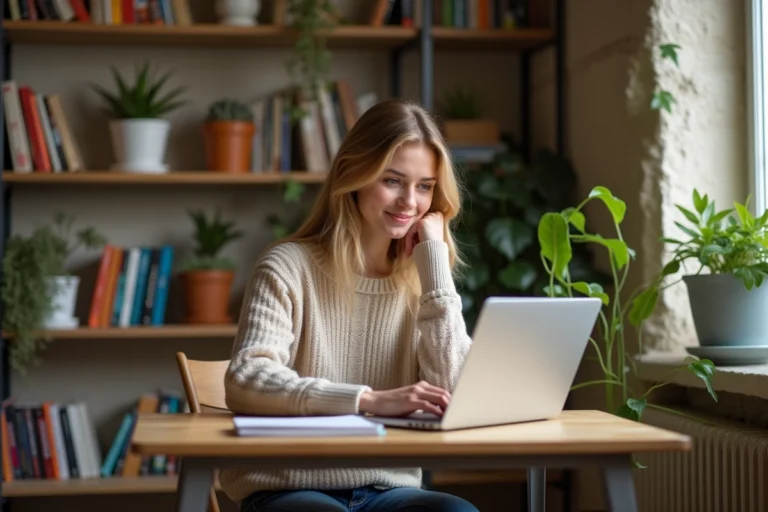 Jeune femme parisienne travaillant à son bureau lumineux