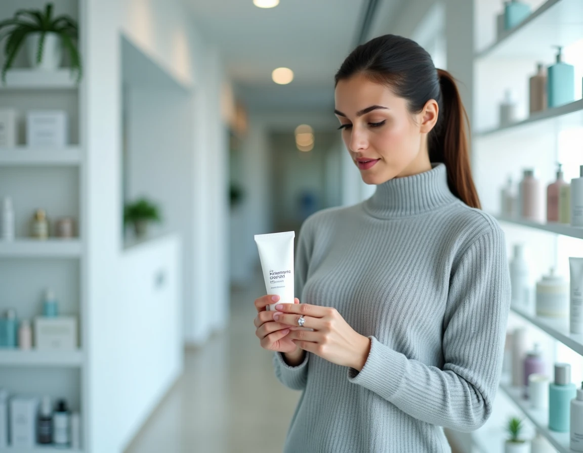 Femme en pharmacie lisant les indications d'un tube d'Ialuset pour le soin du visage, contexte médical et dermatologique