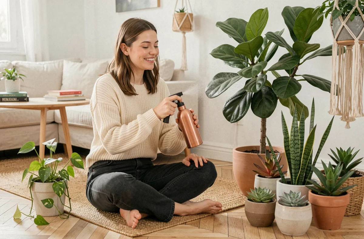 Jeune femme arrosant ses plantes d'intérieur avec un vaporisateur dans un salon décoré de plantes vertes
