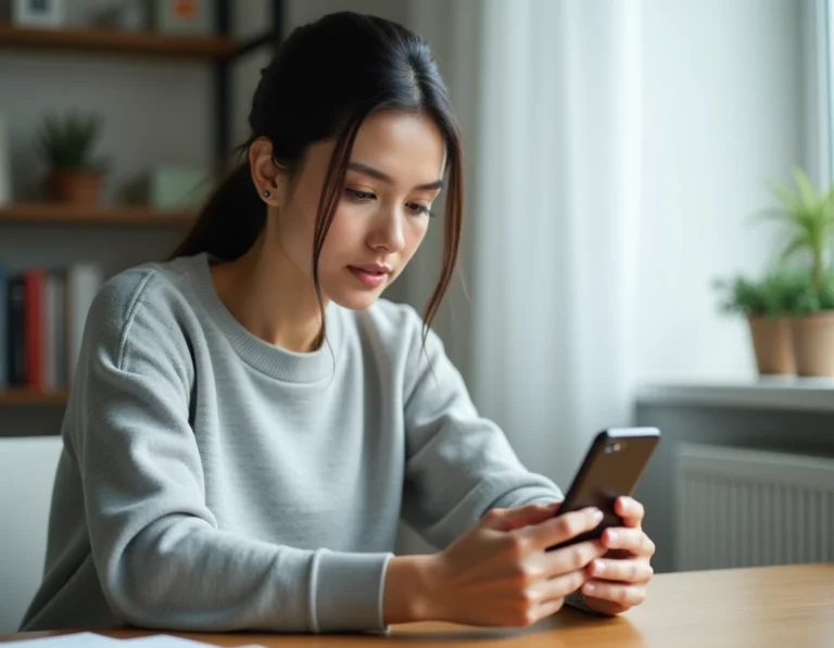 Femme tenant un smartphone Samsung et naviguant dans les paramètres pour dissocier Google Photos de la galerie