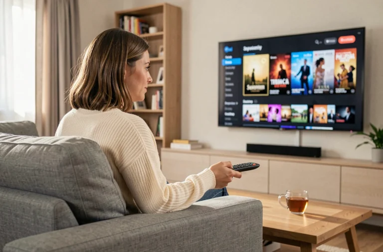 Femme regardant une plateforme de streaming sur grand écran dans un salon moderne et cosy