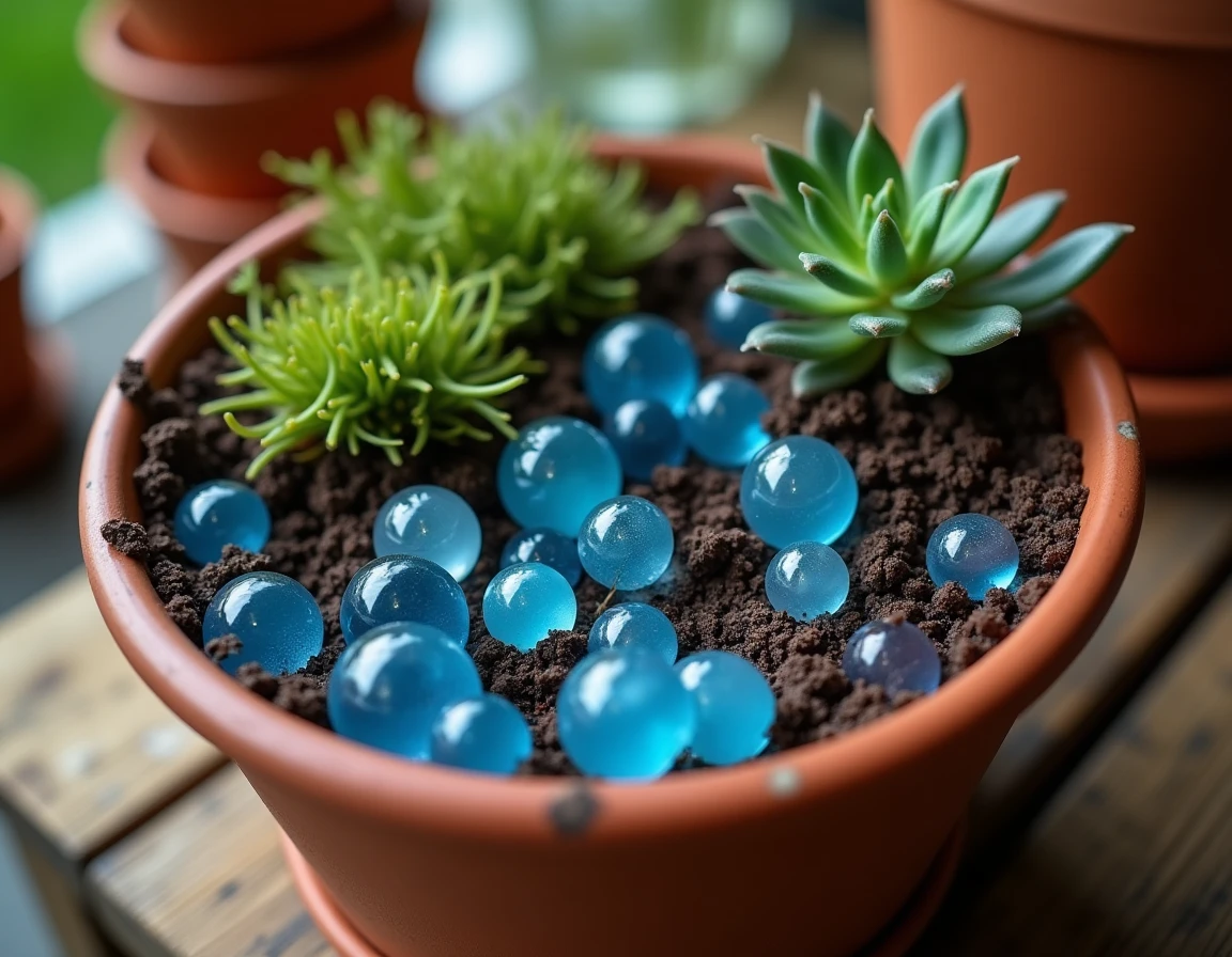Gros plan sur des billes d'eau hydrogel colorées mélangées à la terre d'un pot de plante succulente sur une étagère en bois