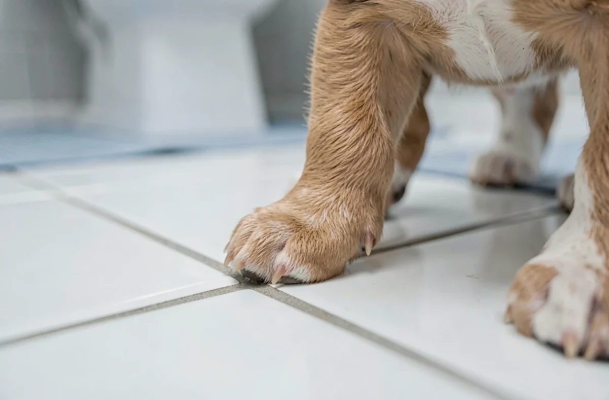 Gros plan des pattes d'un chiot beagle de 2 mois en train d'apprendre à faire ses besoins dans un coin désigné de la salle de bain