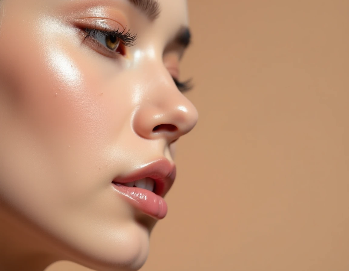 Gros plan sur la texture de peau hydratée après application d'Ialuset, pores visibles et effet repulpant naturel