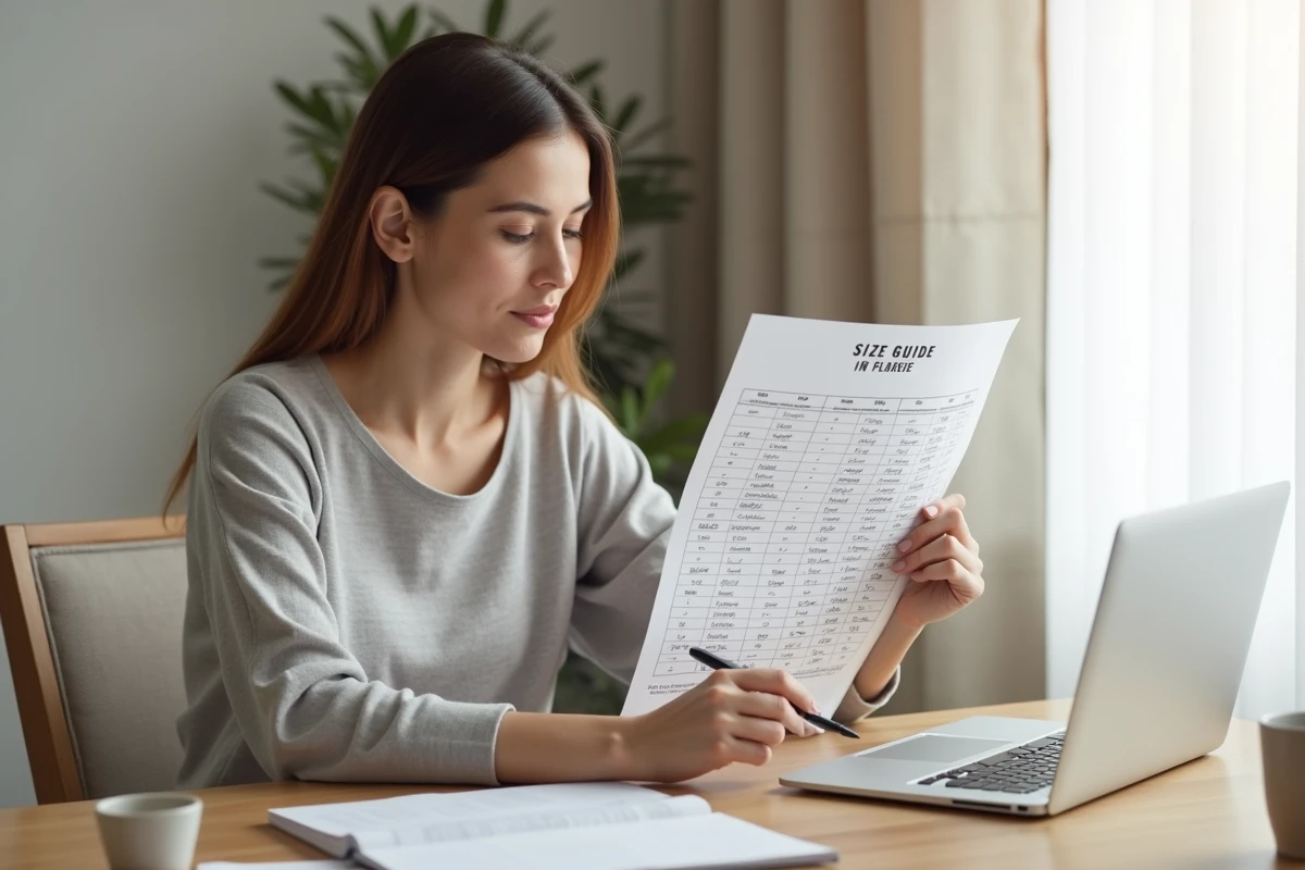 Femme consultant un guide des tailles de soutien-gorge à son bureau à la maison avec un stylo et un ordinateur