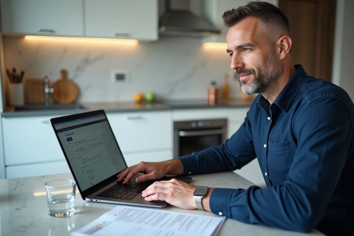 Homme consultant un formulaire fiscal et un site de déclaration en ligne pour remplir correctement la case 2BH de ses impôts