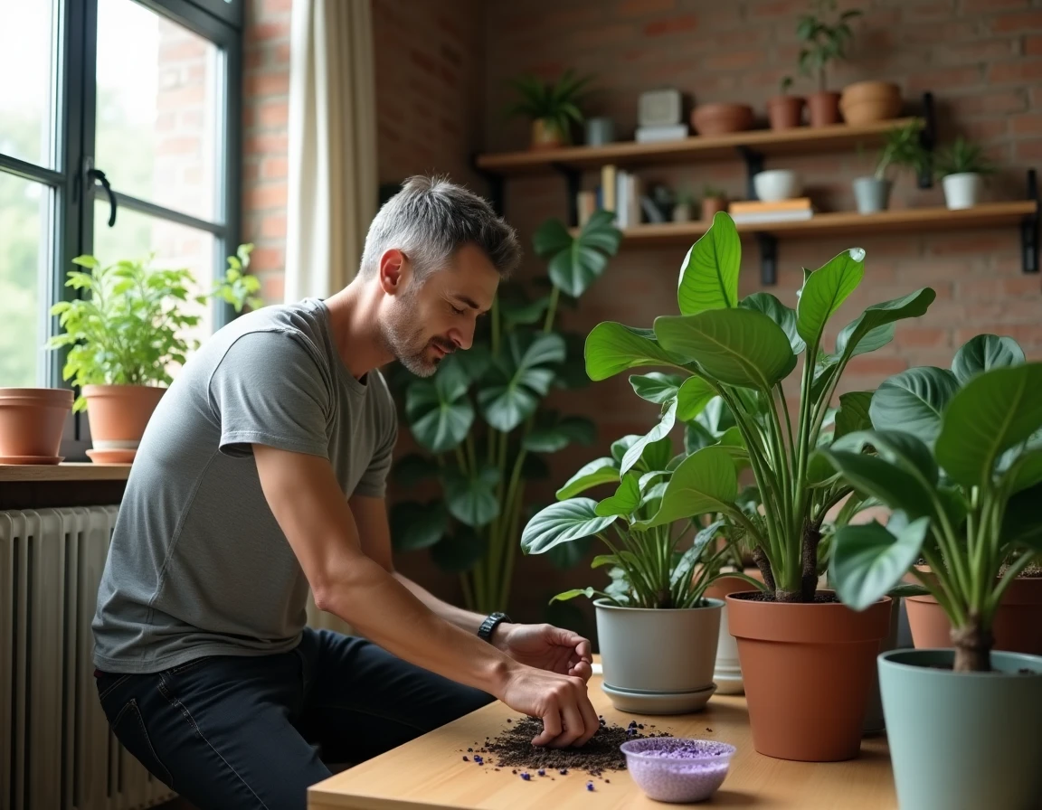 Homme soignant ses plantes d'intérieur en incorporant des billes d'eau dans la terre d'un ficus lyrata dans un salon décoré avec des étagères en bois