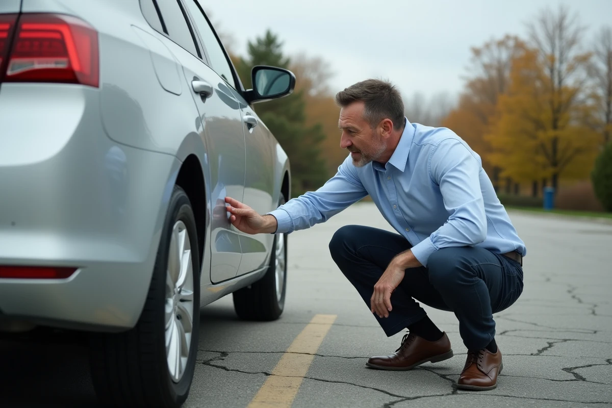 Homme inspectant les dégâts sur le pare-chocs d'une voiture après un accident pour déclarer un sinistre à son assurance auto