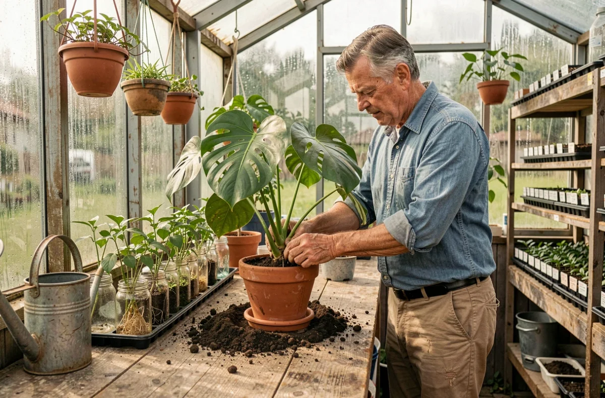 Homme rempotant une plante monstera dans une serre en verre remplie de végétaux et d'outils de jardinage