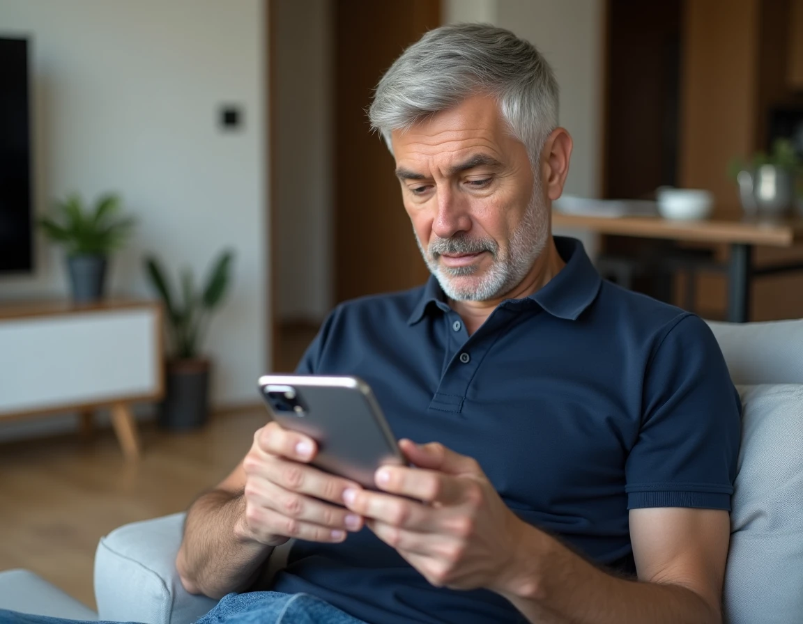 Homme utilisant un smartphone Samsung sur un canapé pour modifier les paramètres de l'application Google Photos